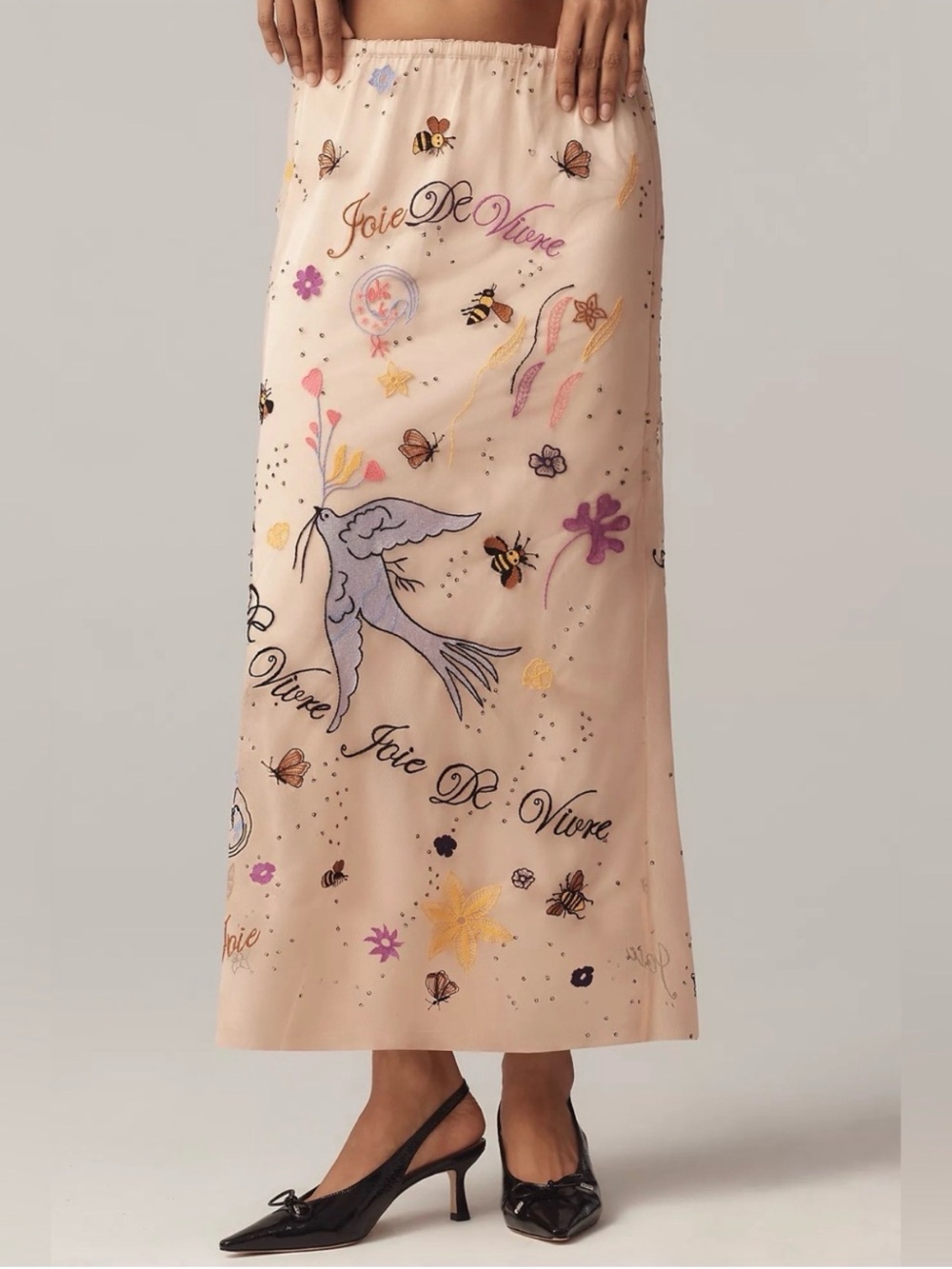 NWT Anthropologie Icon
French Embroidered Maxi Skirt
Joie De Vivre Bees Bird S